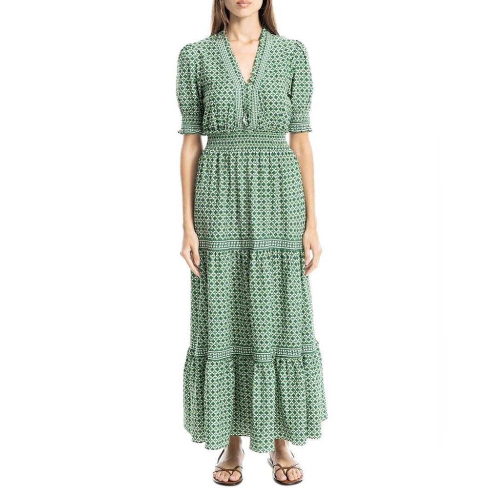 Max Studio Green and White Ruffled Tiered Maxi Dress